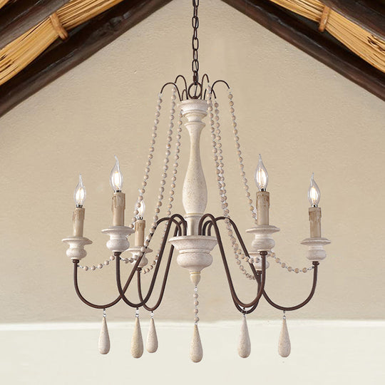 Vintage Wood Chandelier With 8 Bead Draped Pendant Lights