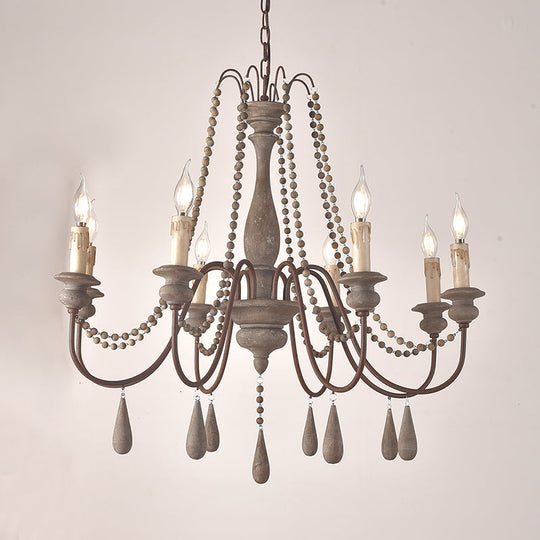 Vintage Wood Chandelier With 8 Bead Draped Pendant Lights