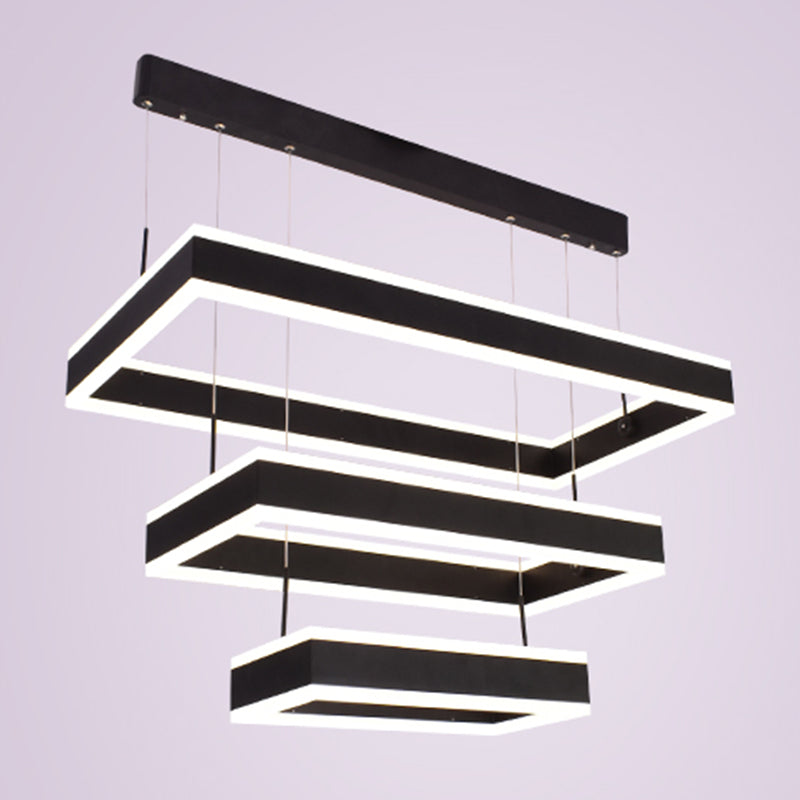 Modern Black LED Pendant Chandelier - Minimalist Tiered Rectangle Design for Living Room