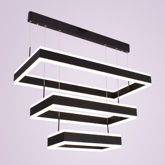 Modern Black LED Pendant Chandelier - Minimalist Tiered Rectangle Design for Living Room