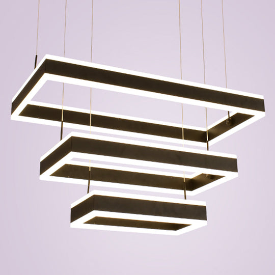 Modern Black LED Pendant Chandelier - Minimalist Tiered Rectangle Design for Living Room