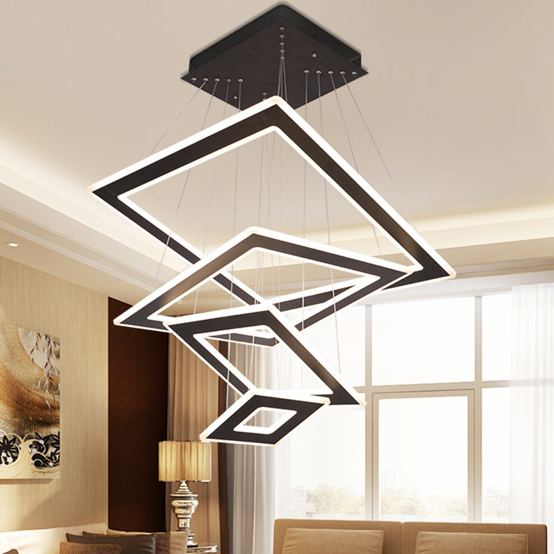 Lustre LED à plusieurs niveaux en forme de losange noir moderne - Suspension en acrylique de style nordique pour salon