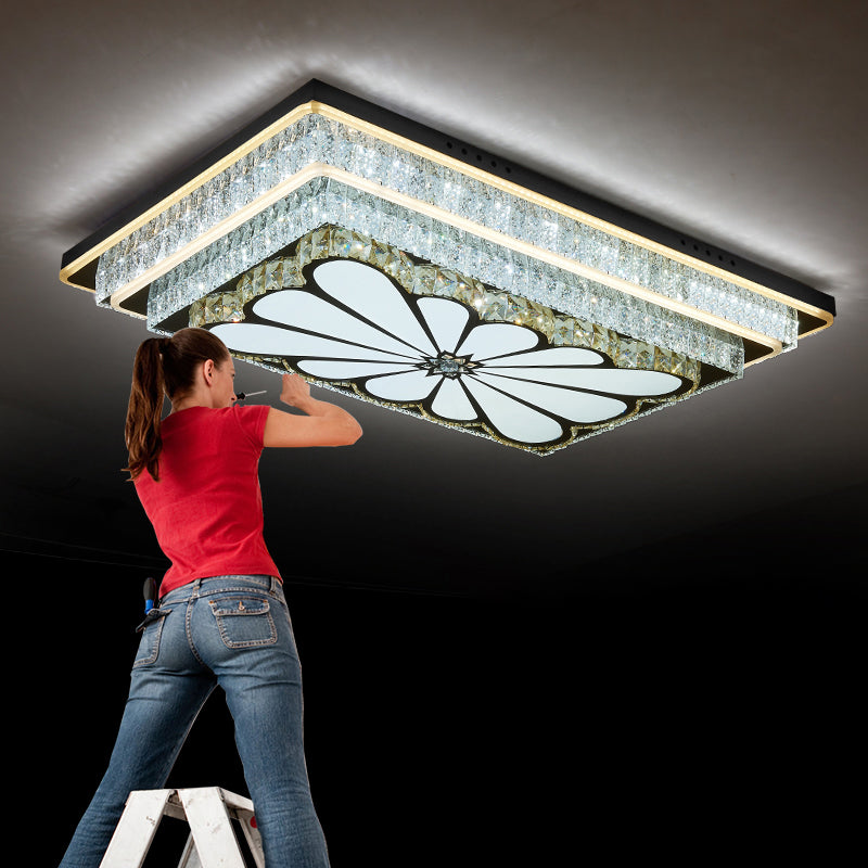 Rectangle LED Clear Crystal Flush Mount Ceiling Light for Modern Living Rooms