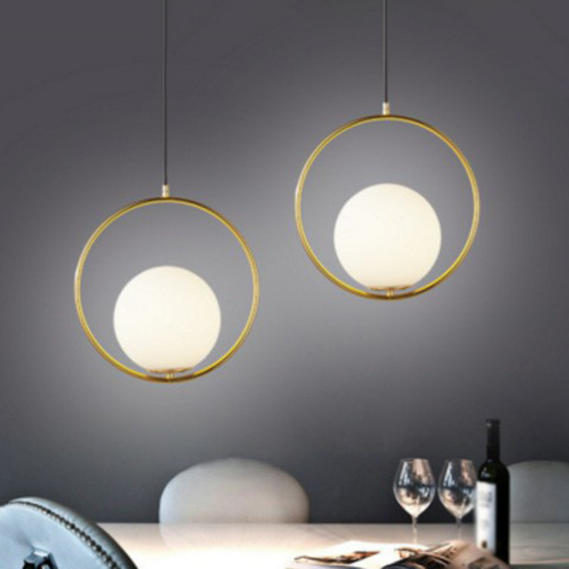 Sleek White Glass Hanging Pendant Light with Brass Metal Ring – Post-Modern Design