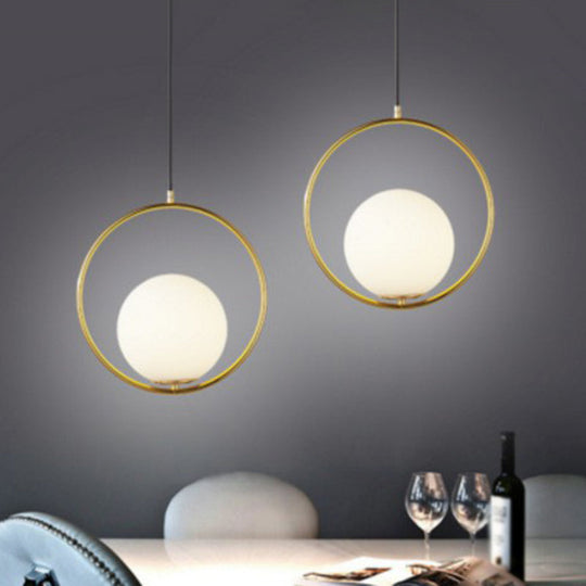 Sleek White Glass Hanging Pendant Light with Brass Metal Ring – Post-Modern Design