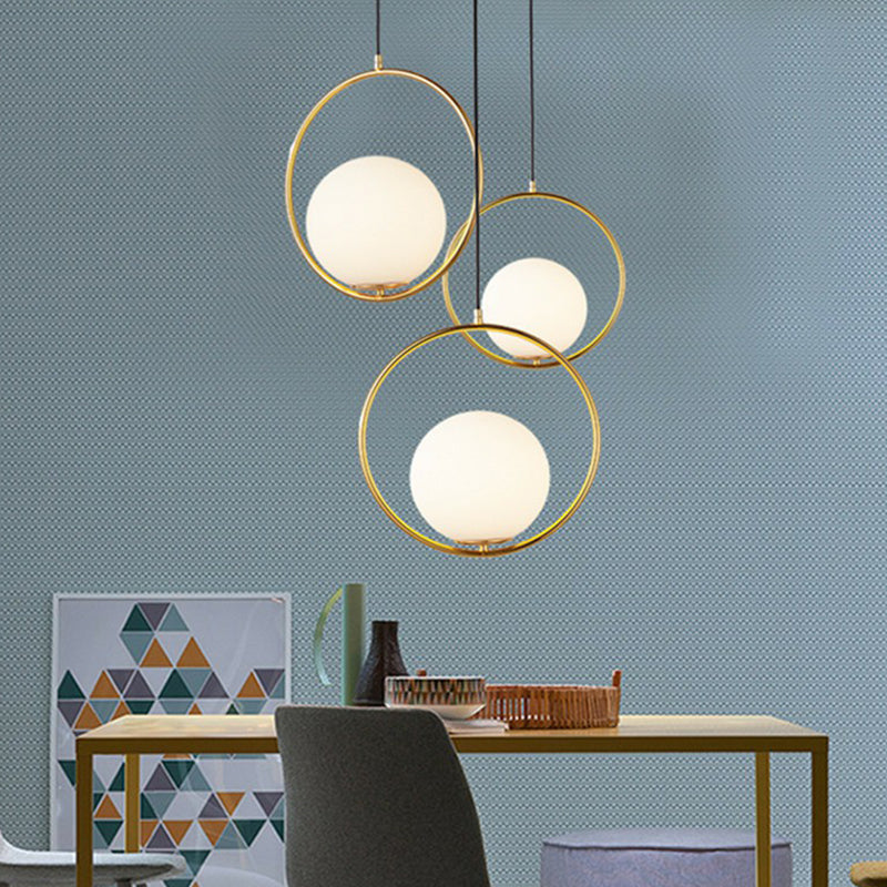 Sleek White Glass Hanging Pendant Light with Brass Metal Ring – Post-Modern Design