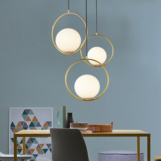 Sleek White Glass Hanging Pendant Light with Brass Metal Ring – Post-Modern Design