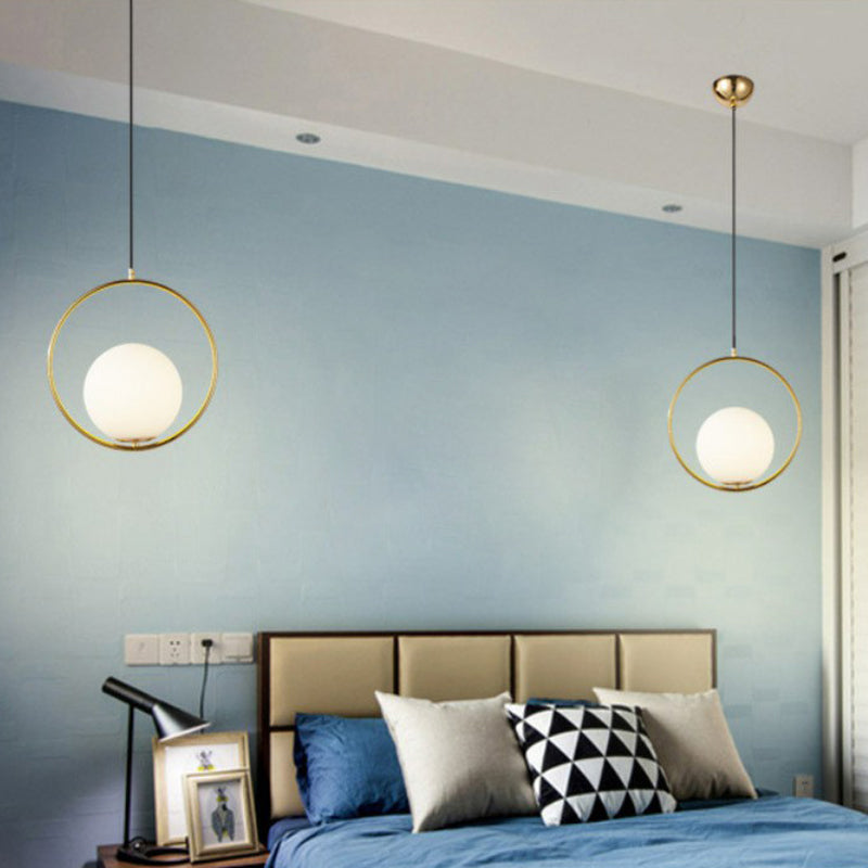 Sleek White Glass Hanging Pendant Light with Brass Metal Ring – Post-Modern Design