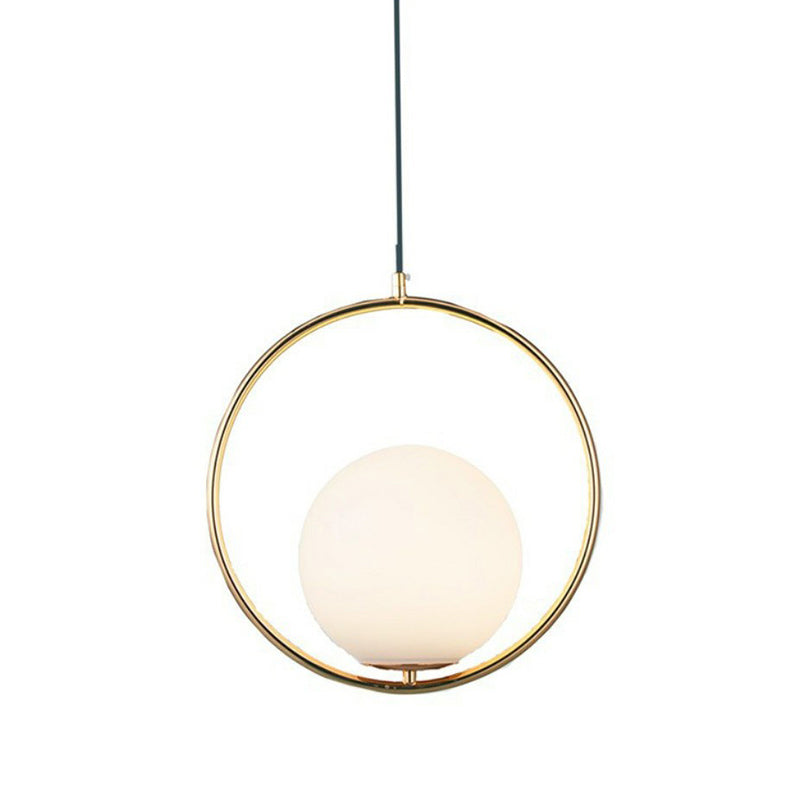 Sleek White Glass Hanging Pendant Light with Brass Metal Ring – Post-Modern Design