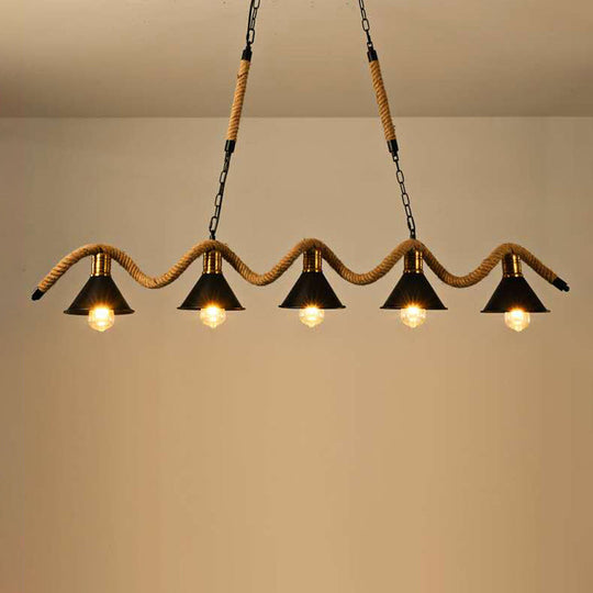 Industrial Metal Conical Island Ceiling Light Bar Pendant With Wavy Hemp Rope - Black