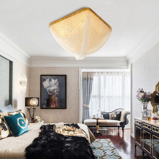 Rustic Bedroom Ceiling Lamp with Crystal Beaded Shade - 4 Light Flush Mount