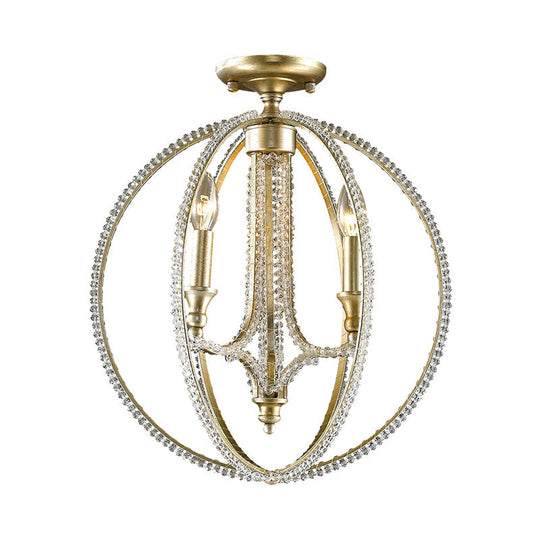Rustic Orb Metal Semi Flush Mount Ceiling Light with Crystal Accents - 3 Lights, Brass Finish