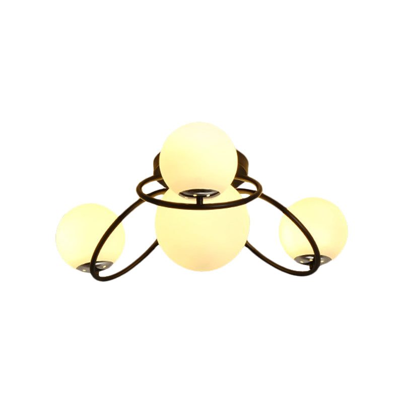 Classic 4-Light Opal Glass Semi-flush Ceiling Fixture in Black/White for Living Room