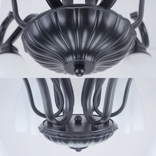 Plafonnier en verre blanc en forme de fleur avec 3/6/8 lumières pour un éclairage semi-monté classique de salon en noir