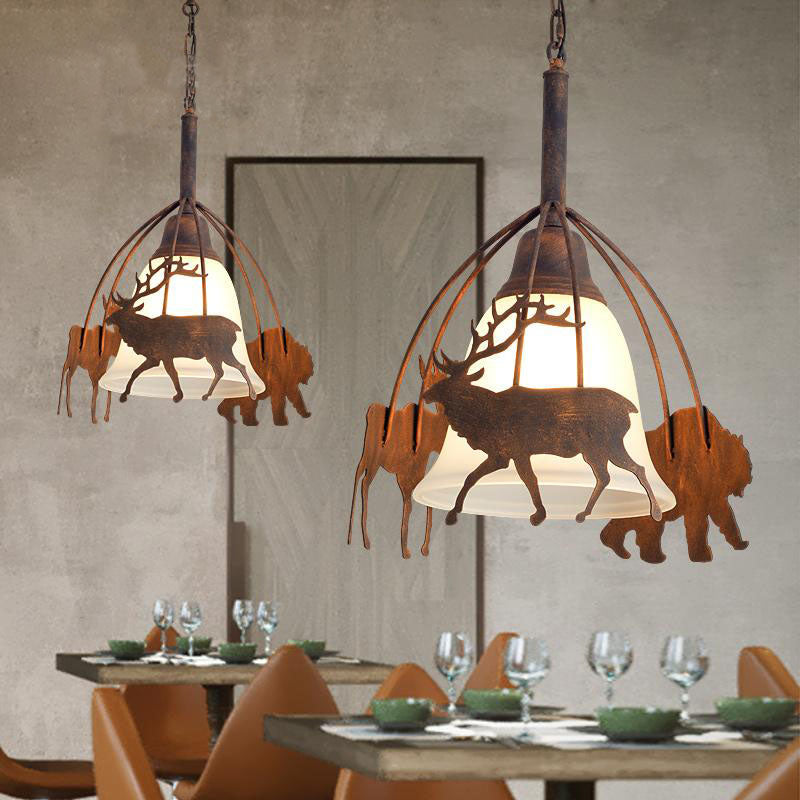 Rustic Bell Pendant Light With Deer Design - Countryside Frosted Glass Hanging Lamp For Restaurants