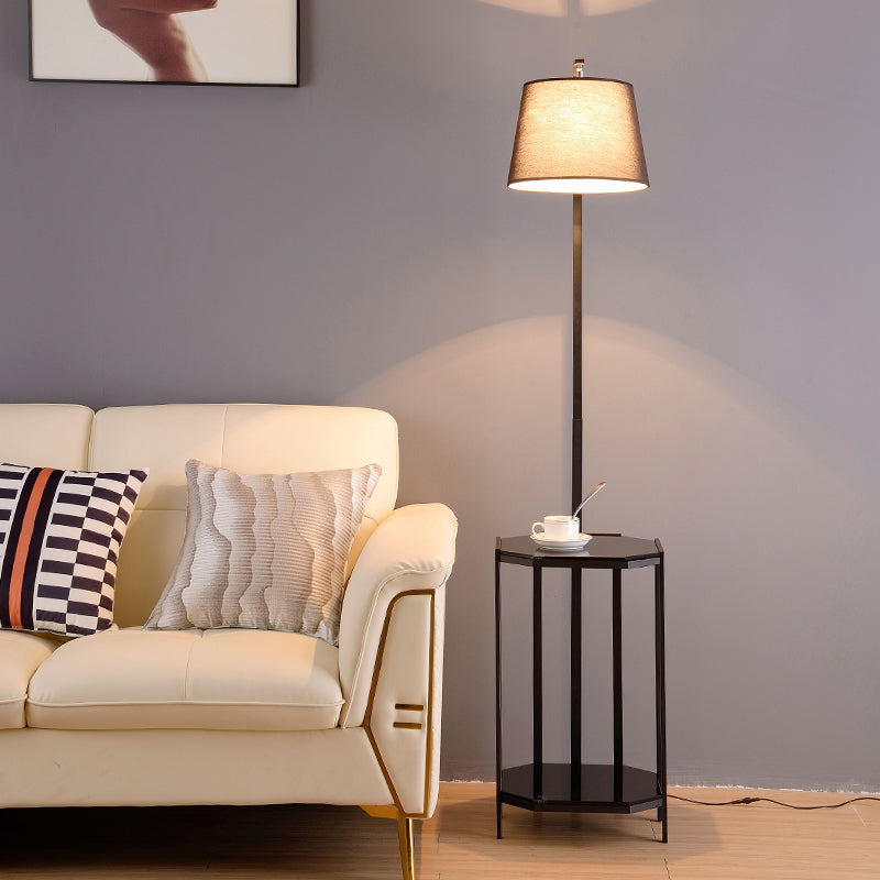 Modern Floor Lamp With 2-Tier Shelf - Bucket Design Fabric Shade