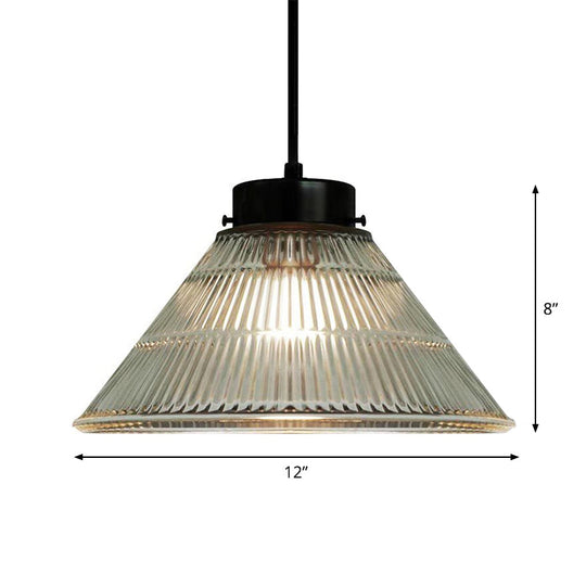 Clear Ribbed Glass Pendant Ceiling Light - Retro Style, Tapered Design - Ideal for Restaurants - 1 Head