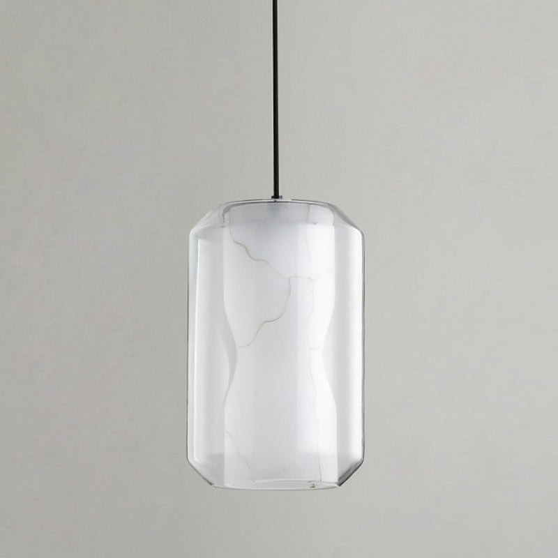 Clear Glass Cylinder Pendant Light with White Marble Shade - 1-Light Dining Room Ceiling Lighting