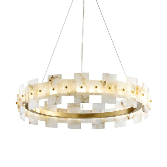 Minimalist Marble Circle Hanging Lamp - White & Brass LED Pendant Light for Dining Room