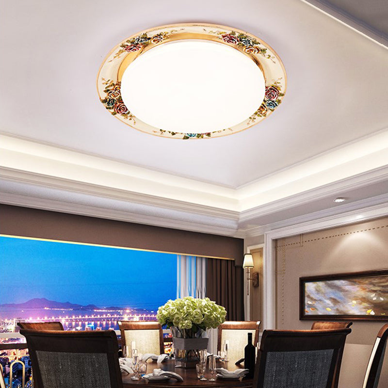 LED Flush Mount Ceiling Light - Traditional Grey/Red/Green with Round Resin Shade - Bedroom Lighting