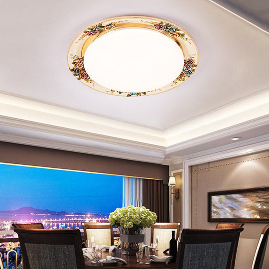 LED Flush Mount Ceiling Light - Traditional Grey/Red/Green with Round Resin Shade - Bedroom Lighting