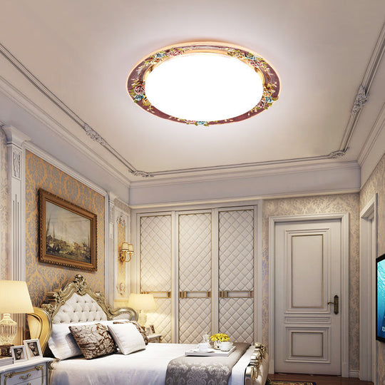 LED Flush Mount Ceiling Light - Traditional Grey/Red/Green with Round Resin Shade - Bedroom Lighting
