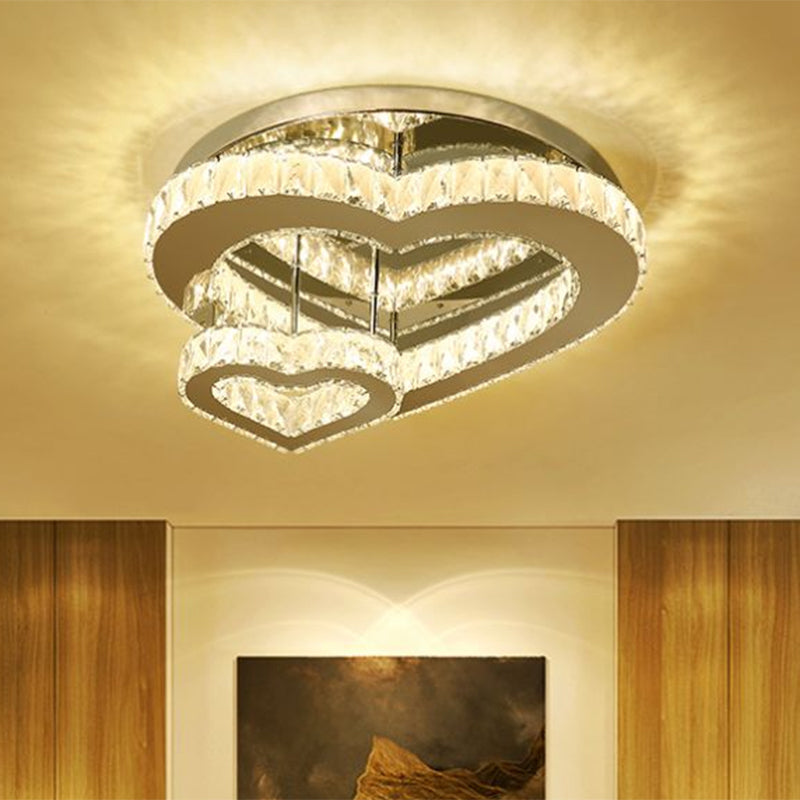 Heart-Shaped Crystal Block LED Ceiling Light in Chrome - Warm/White Lighting for Bedroom