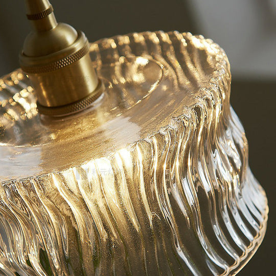 Vintage Drum Pendant Light With Clear Ribbed Glass Shade