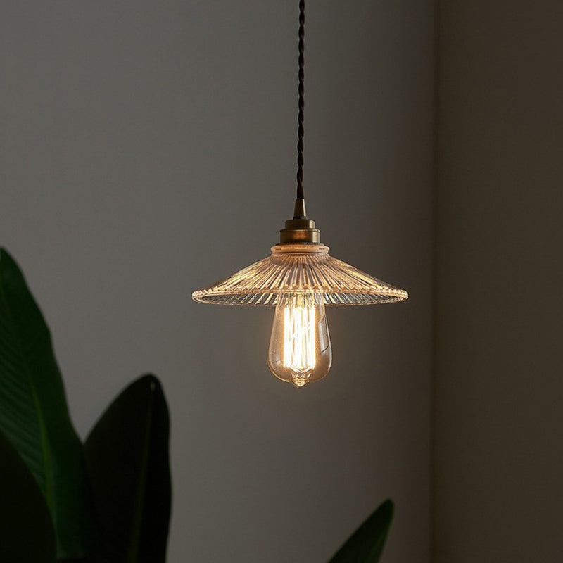 Lampe suspendue en verre vintage : suspension conique transparente à nervures pour l'éclairage de la salle à manger et l'accentuation à ampoule unique