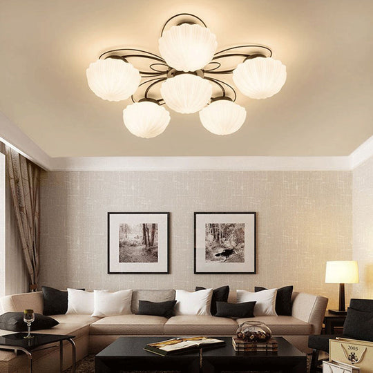 Black Classic Semi Flush Light with White Glass Bowl for Corridor - 3/4/6 Lights Ceiling Lighting