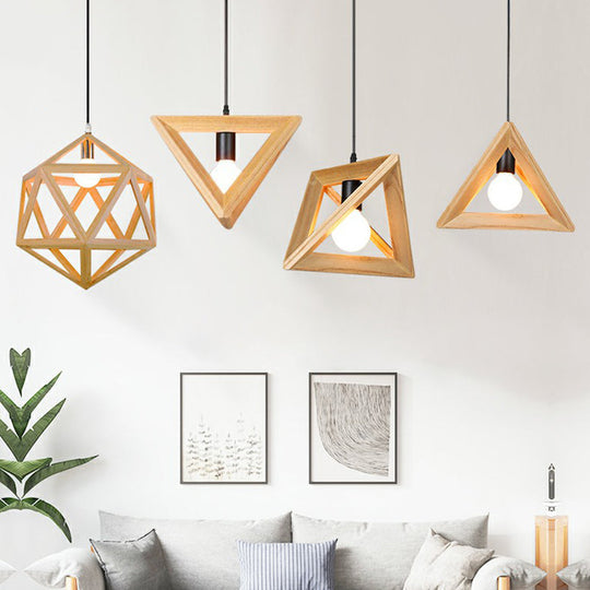 Geometric Wooden Pendant Lamp - Minimalist Single Ceiling Light for Restaurants