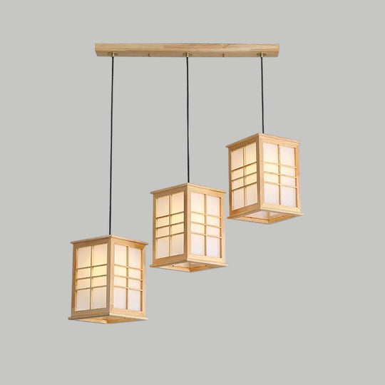 Rectangular Japanese Hanging Lamp with Wooden Shade - Perfect for Dining Room - Beige Pendant with 3 Lights