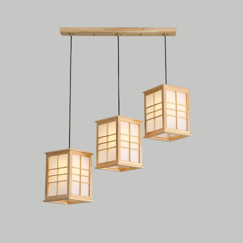 Japanese Beige Wooden Pendant Lamp - 3 Lights Hanging Fixture For Dining Room