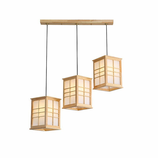 Rectangular Japanese Hanging Lamp with Wooden Shade - Perfect for Dining Room - Beige Pendant with 3 Lights