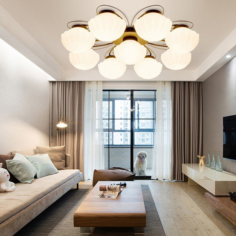 Black Classic Semi Flush Light with White Glass Bowl for Corridor - 3/4/6 Lights Ceiling Lighting