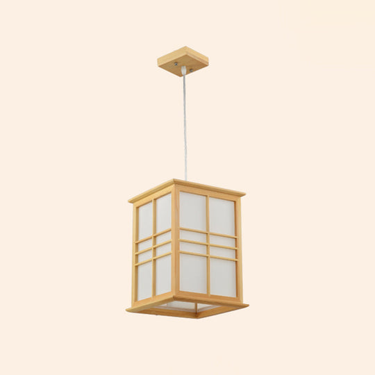 Japanese Style Wooden Pendant Light With 1-Light: Rectangle Sushi House Lamp In Beige