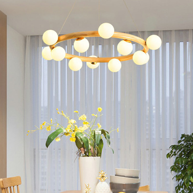 Minimalistic Circular Wood Pendant Chandelier With Beige Hanging Light And White Glass Orb Shade