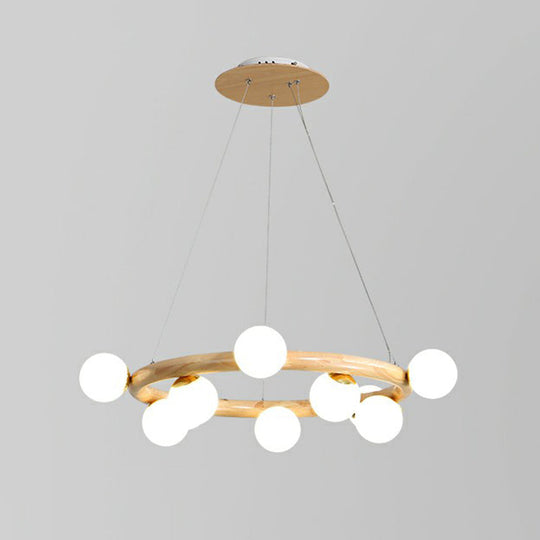 Minimalist Beige Wooden Pendant Chandelier with White Glass Orb Shade