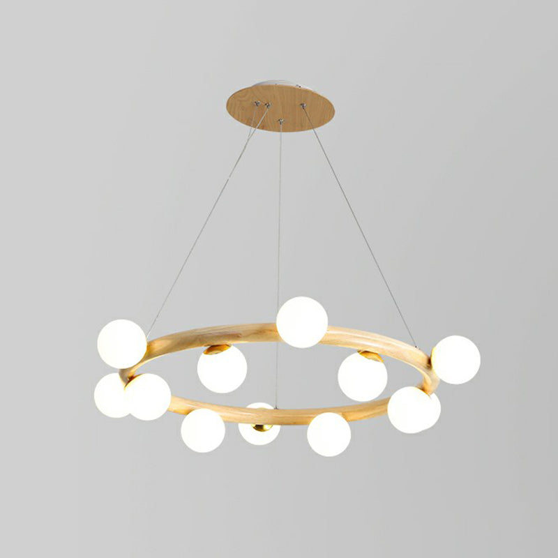 Minimalist Beige Wooden Pendant Chandelier with White Glass Orb Shade