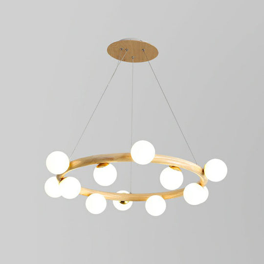 Minimalist Beige Wooden Pendant Chandelier with White Glass Orb Shade