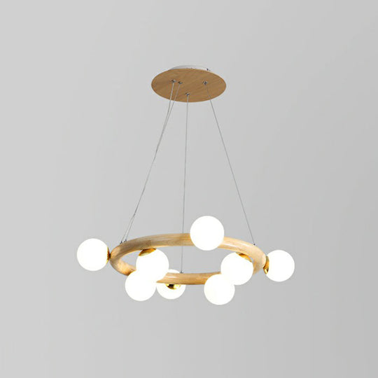 Minimalist Beige Wooden Pendant Chandelier with White Glass Orb Shade