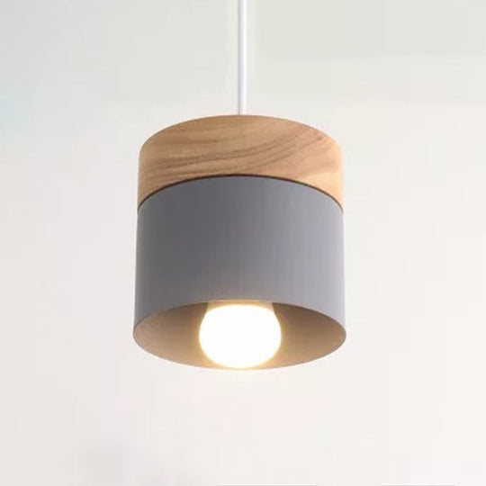 Minimalist Wood Pendant Light Fixture With Cylindrical Metal Lamp Design - Perfect For Table Grey