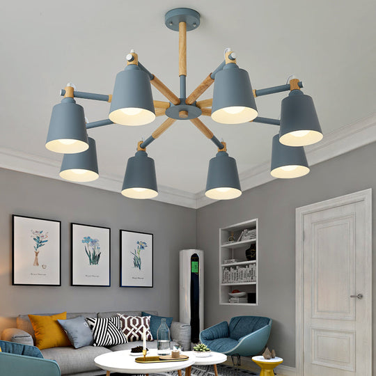 Wooden Radial Pendant Macaron Chandelier With Tapered Metal Shade - Stylish Lighting For Living Room