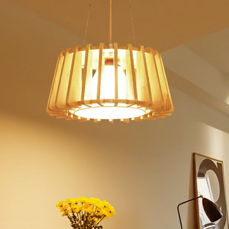 Contemporary Wooden Drum Suspension Lamp With Conical Fabric Shade - 1-Light Pendant Fixture