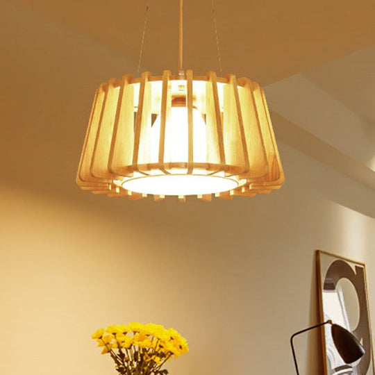 Contemporary Wooden Drum Suspension Lamp With Conical Fabric Shade - 1-Light Pendant Fixture