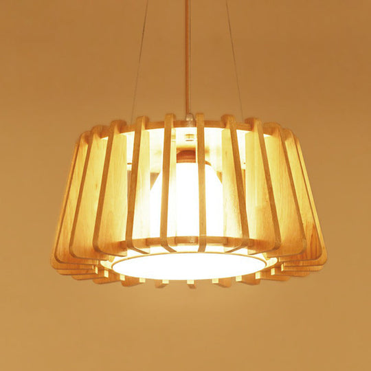 Contemporary Wooden Drum Suspension Lamp With Conical Fabric Shade - 1-Light Pendant Fixture