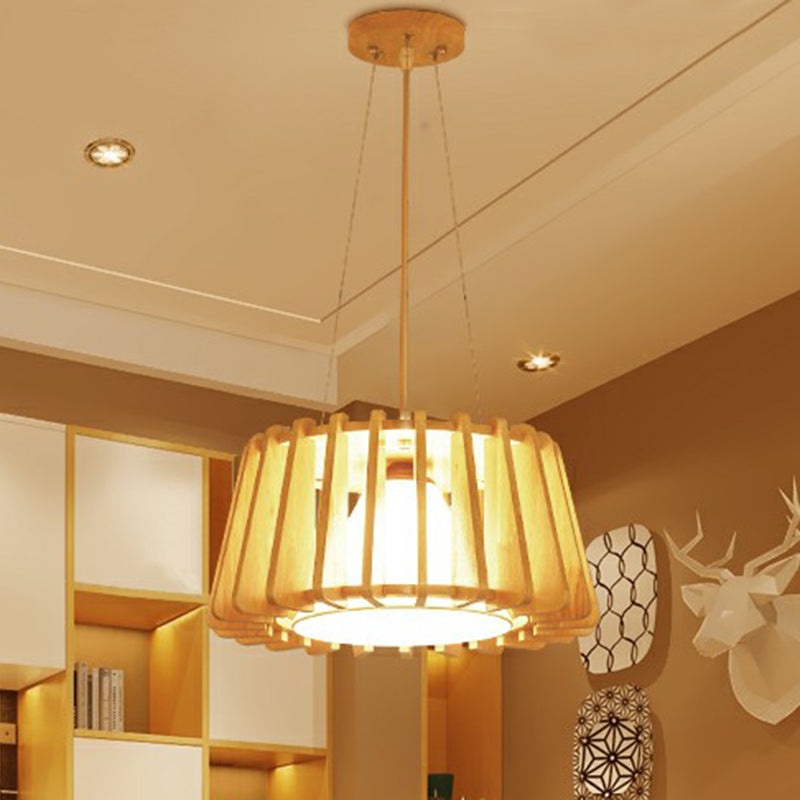 Contemporary Wooden Drum Suspension Lamp With Conical Fabric Shade - 1-Light Pendant Fixture