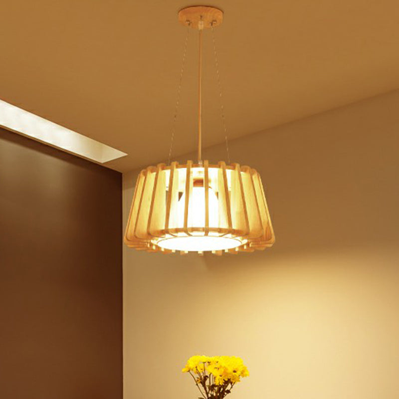 Contemporary Wooden Drum Suspension Lamp With Conical Fabric Shade - 1-Light Pendant Fixture