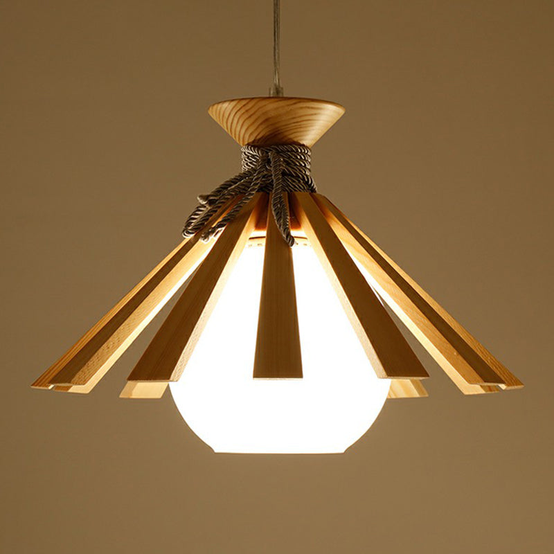 Modern Conical Wood Slat Pendant Light Kit with White Glass Shade