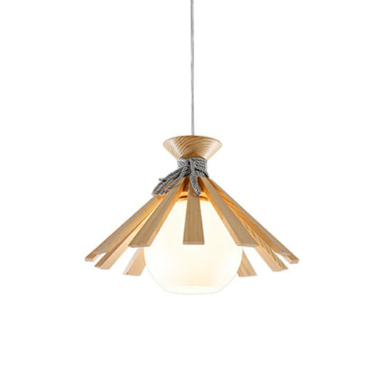 Modern Conical Wood Slat Pendant Light Kit with White Glass Shade